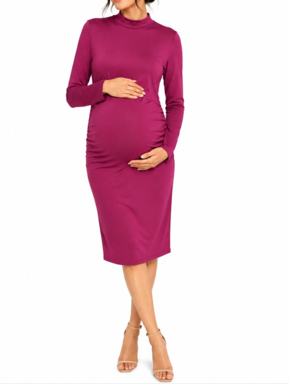 Maternity Ruched Long Sleeve Midi Dress in Magenta